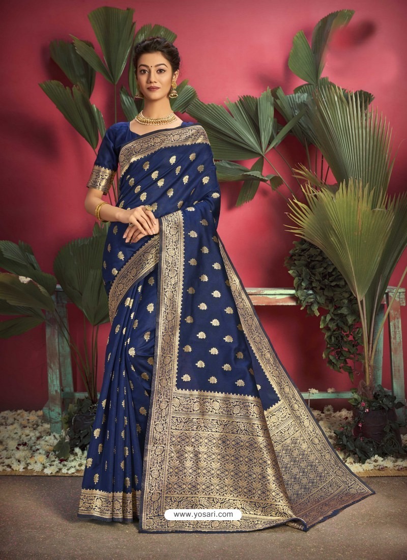 Dark Blue Gorgeous Designer Party Wear Jacquard Silk Sari