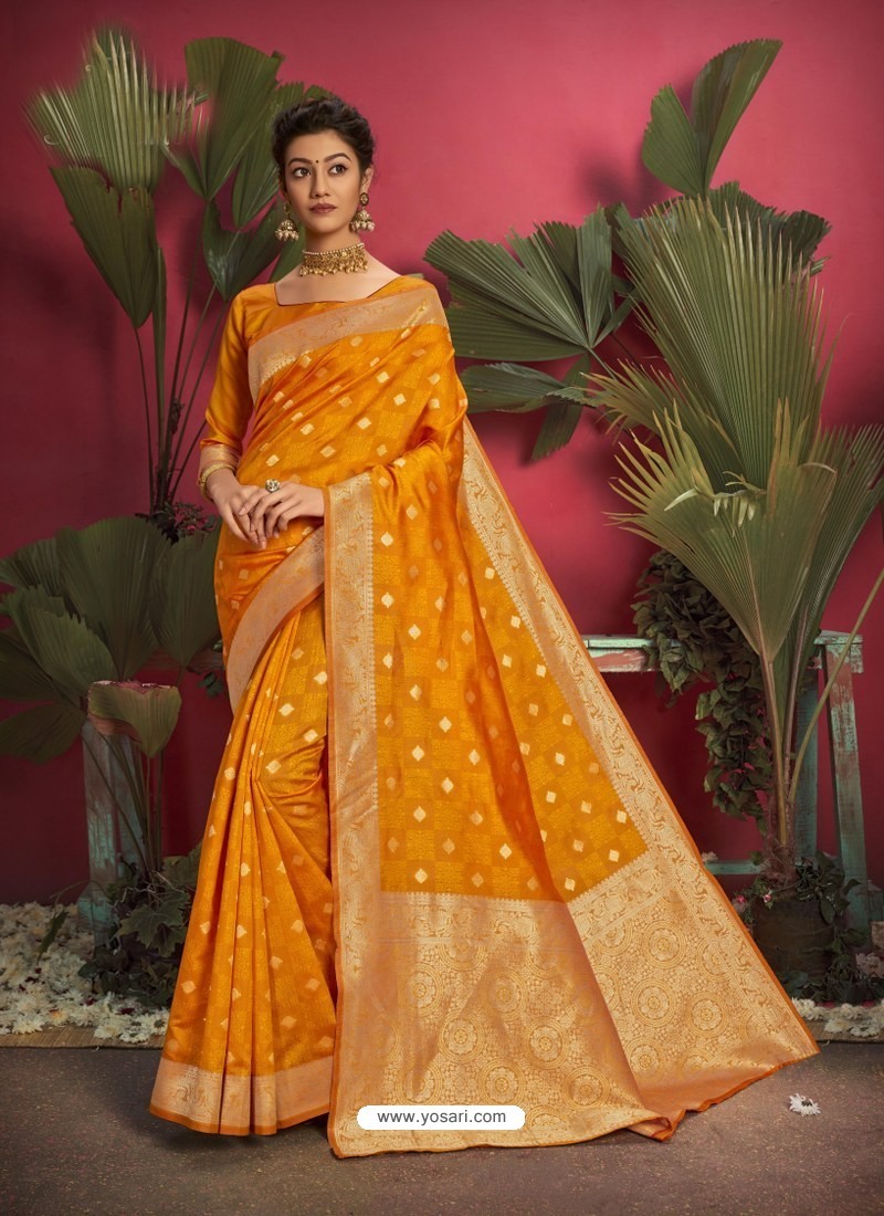 Mustard Gorgeous Designer Party Wear Jacquard Silk Sari