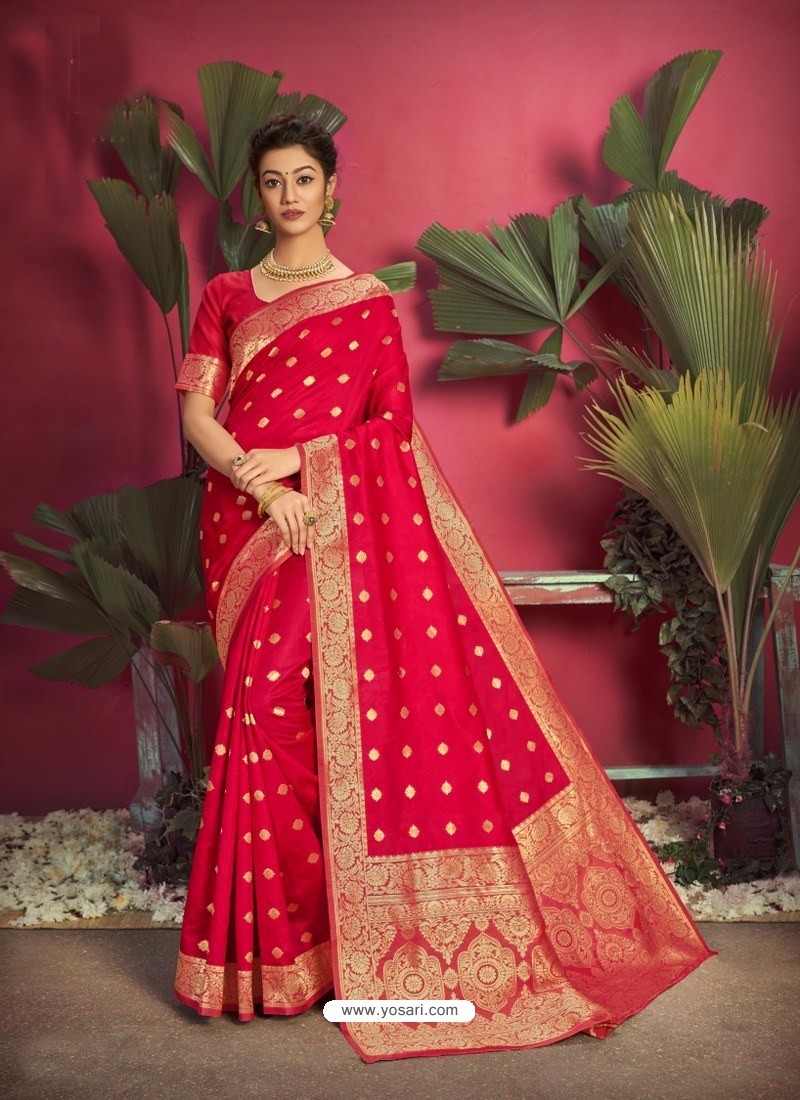 Red Gorgeous Designer Party Wear Jacquard Silk Sari