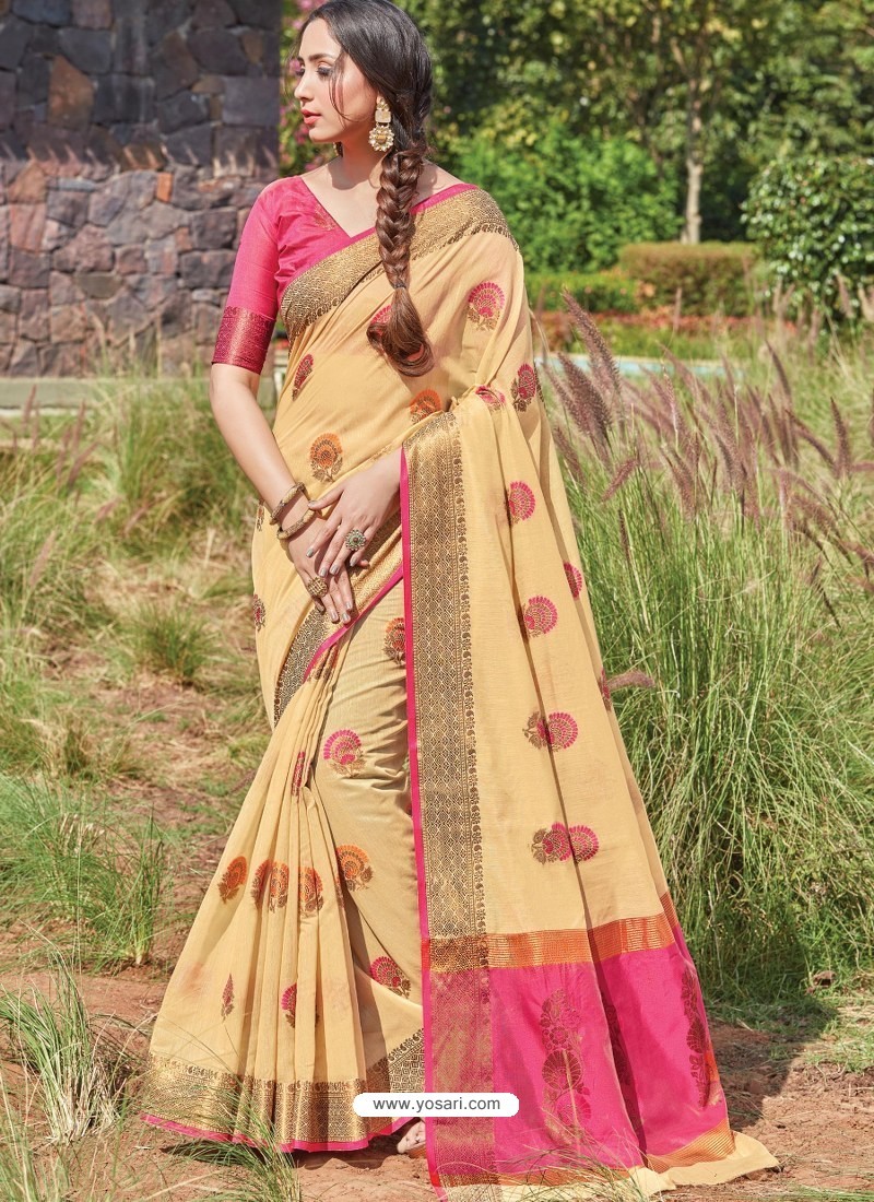 Cream Designer Party Wear Cotton Handloom Sari