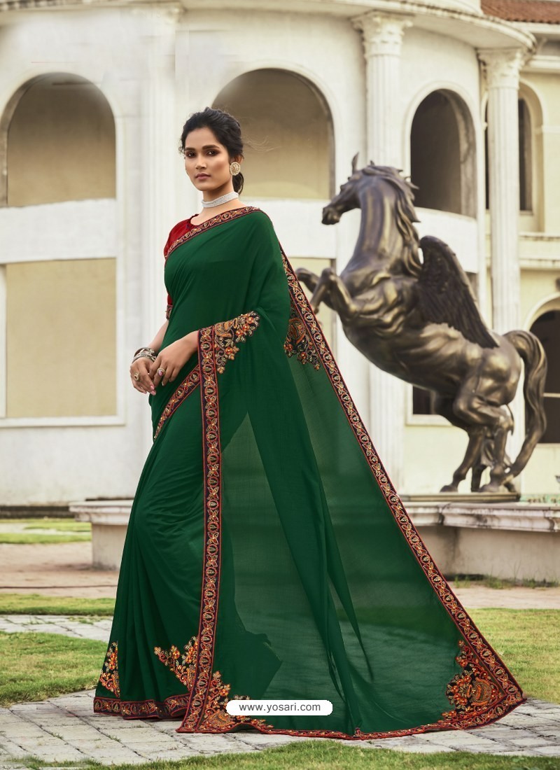 Dark Green Fabulous Designer Party Wear Chanderi Silk Sari