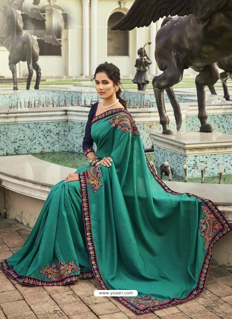 Aqua Mint Fabulous Designer Party Wear Chanderi Silk Sari