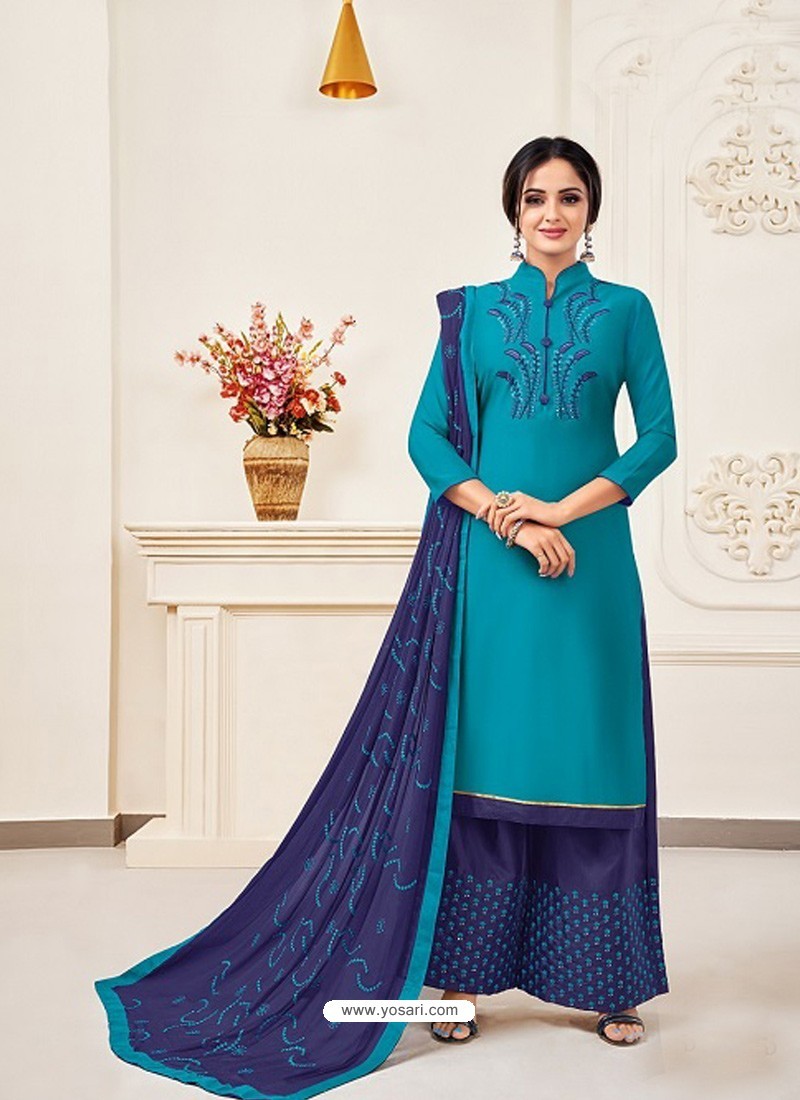 Turquoise Classy Heavy Designer Party Wear Straight Salwar Suit