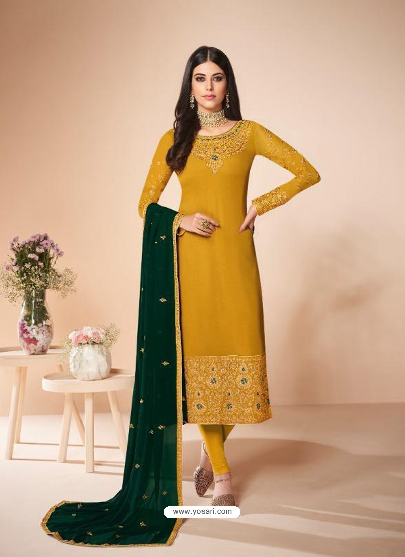 Yellow Stunning Designer Real Georgette Straight Salwar Suit