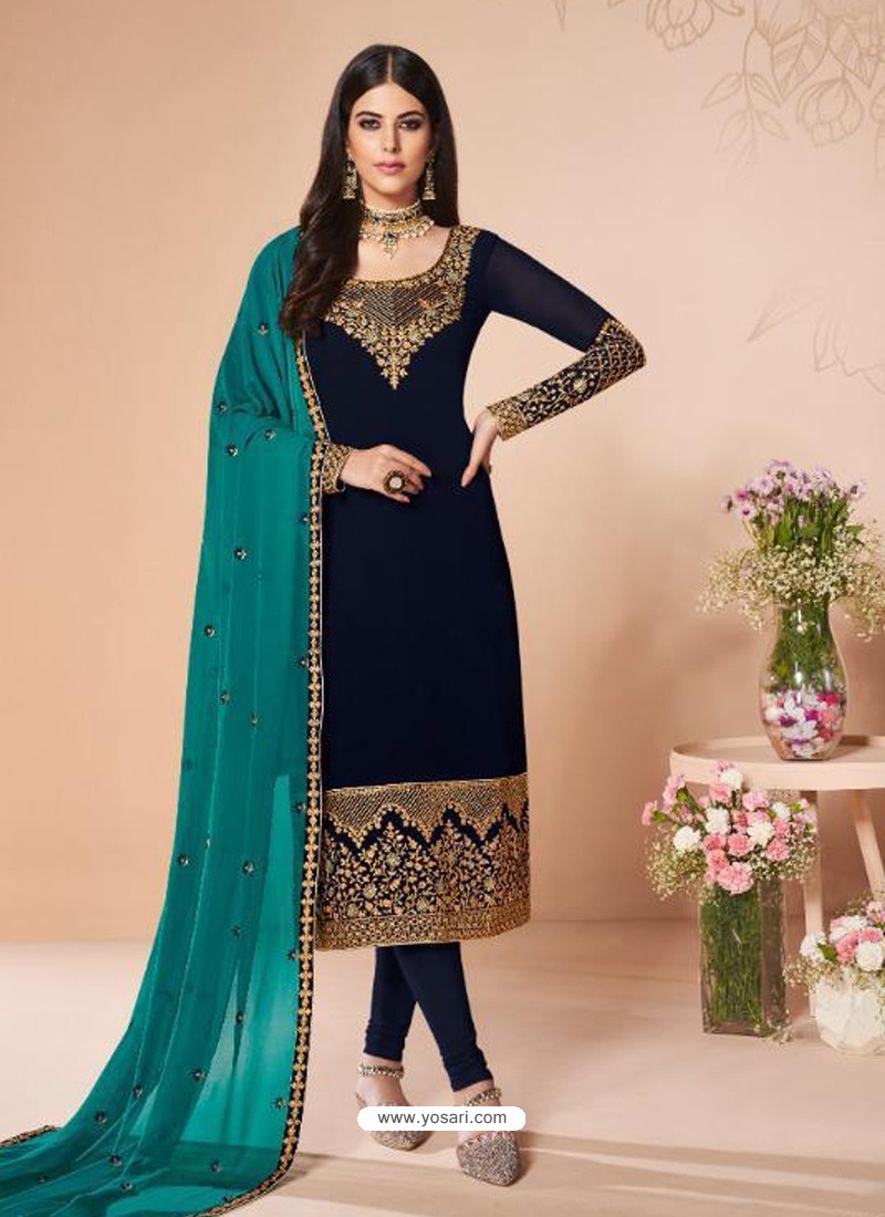 Dark Blue Stunning Designer Real Georgette Straight Salwar Suit