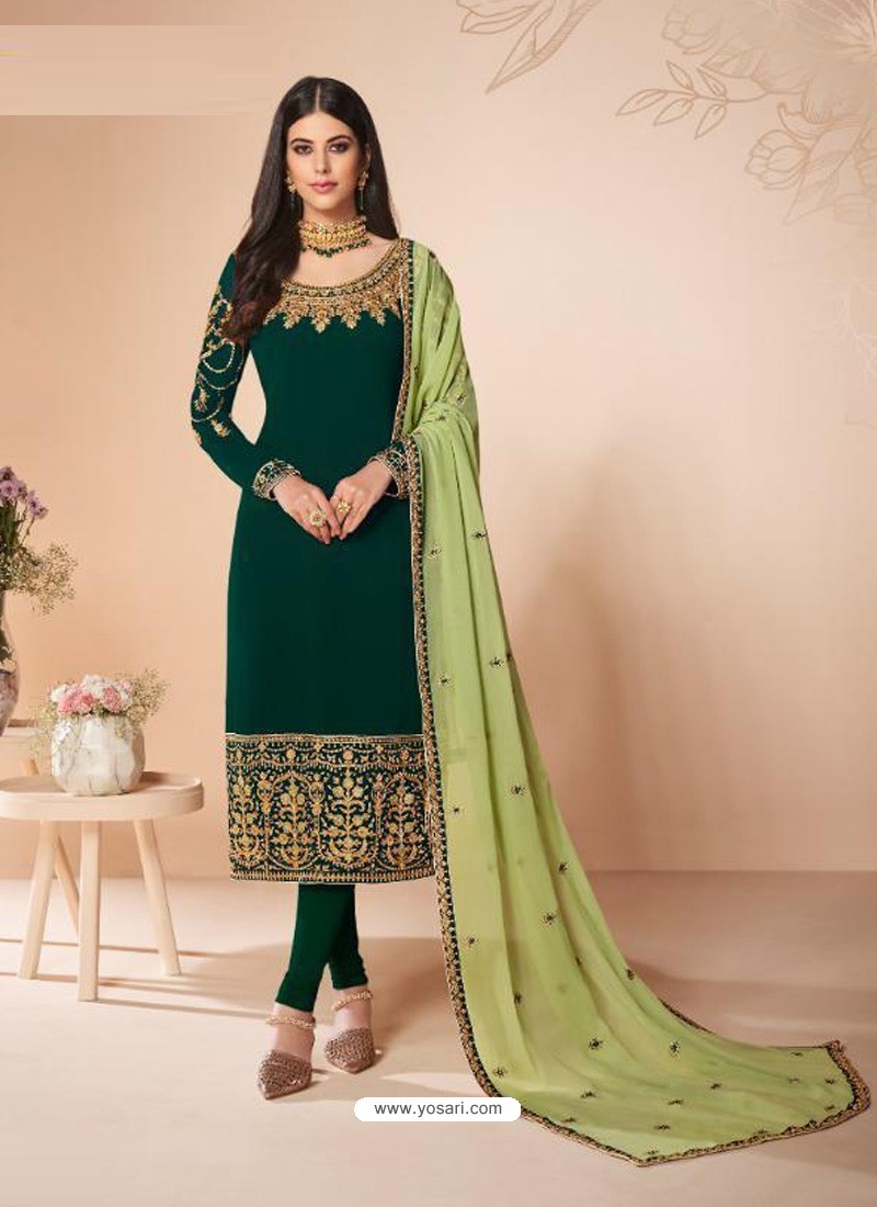 Dark Green Stunning Designer Real Georgette Straight Salwar Suit