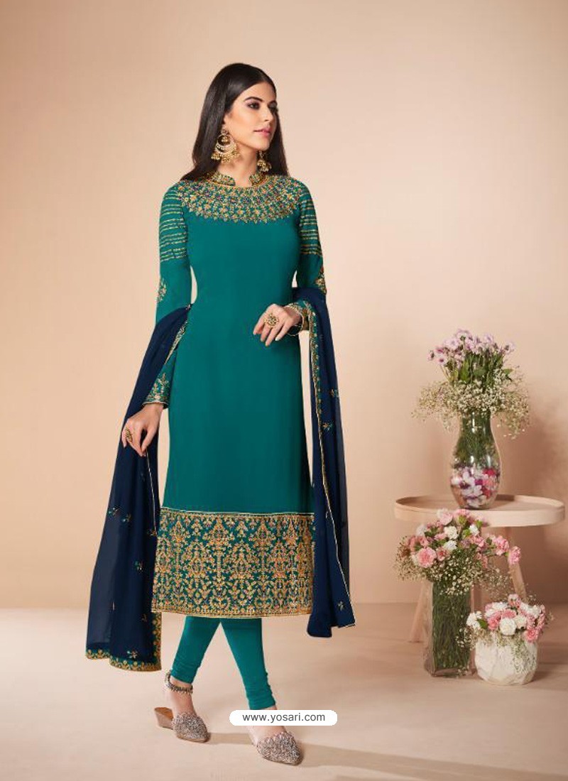 Turquoise Stunning Designer Real Georgette Straight Salwar Suit