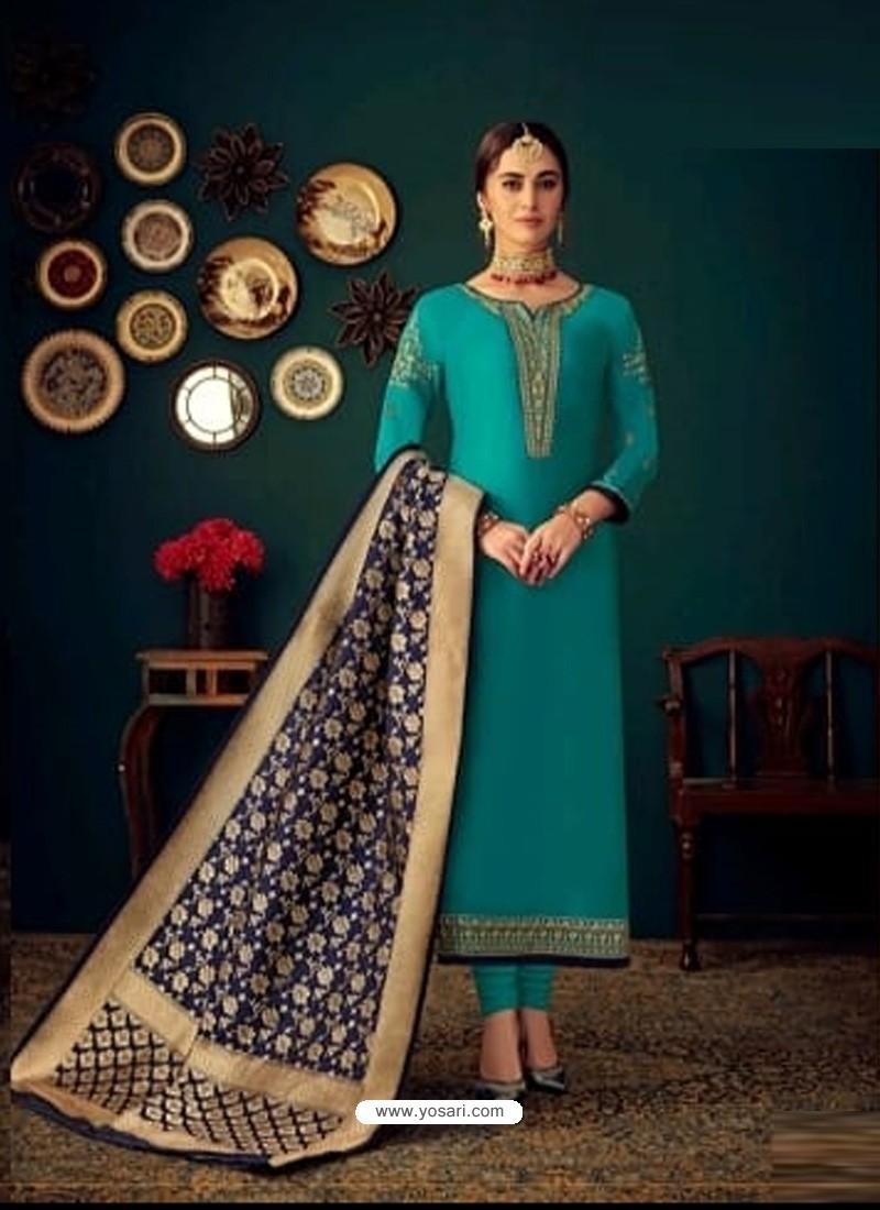 Turquoise Heavy Designer Jam Satin Cotton Straight Salwar Suit