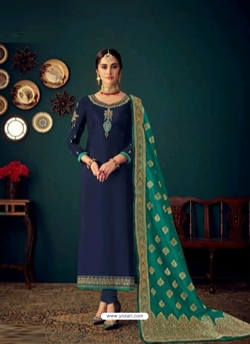 Navy Blue Heavy Designer Jam Satin Cotton Straight Salwar Suit