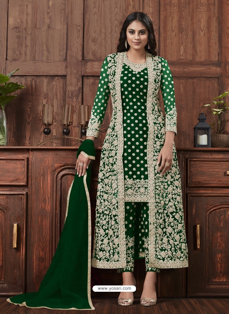 Forest Green Designer Embroidered Net Party Wear Wedding Suit