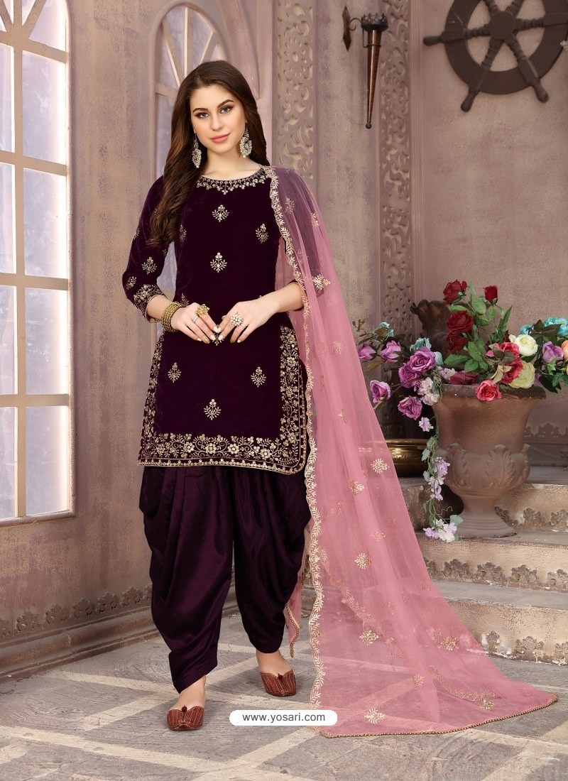 Purple Heavy Designer Party Wear Velvet Punjabi Patiala Suit