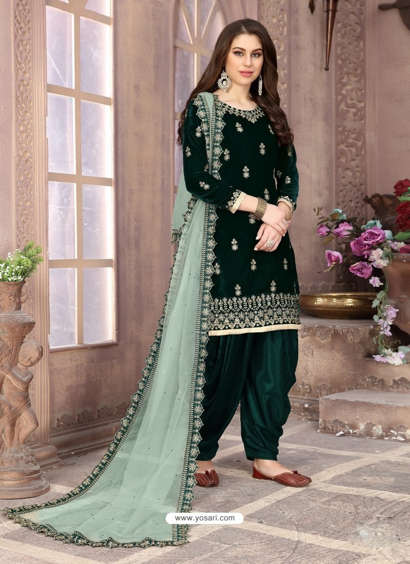 Dark Green Heavy Designer Party Wear Velvet Punjabi Patiala Suit