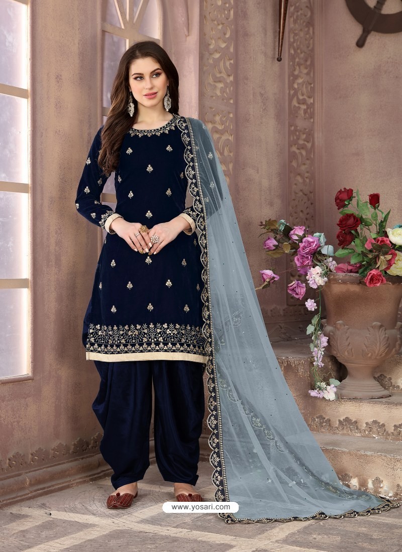 Navy Blue Heavy Designer Party Wear Velvet Punjabi Patiala Suit