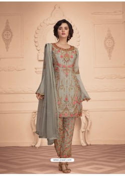 Light Grey Designer Embroidered Faux Georgette Pant Style Suit