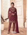 Maroon Designer Embroidered Faux Georgette Pant Style Suit