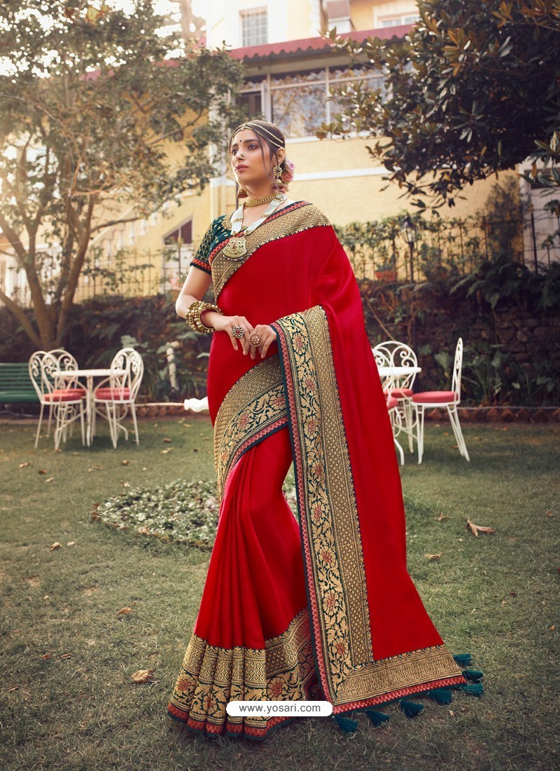 Red Stylish Party Wear Embroidered Designer Wedding Sari