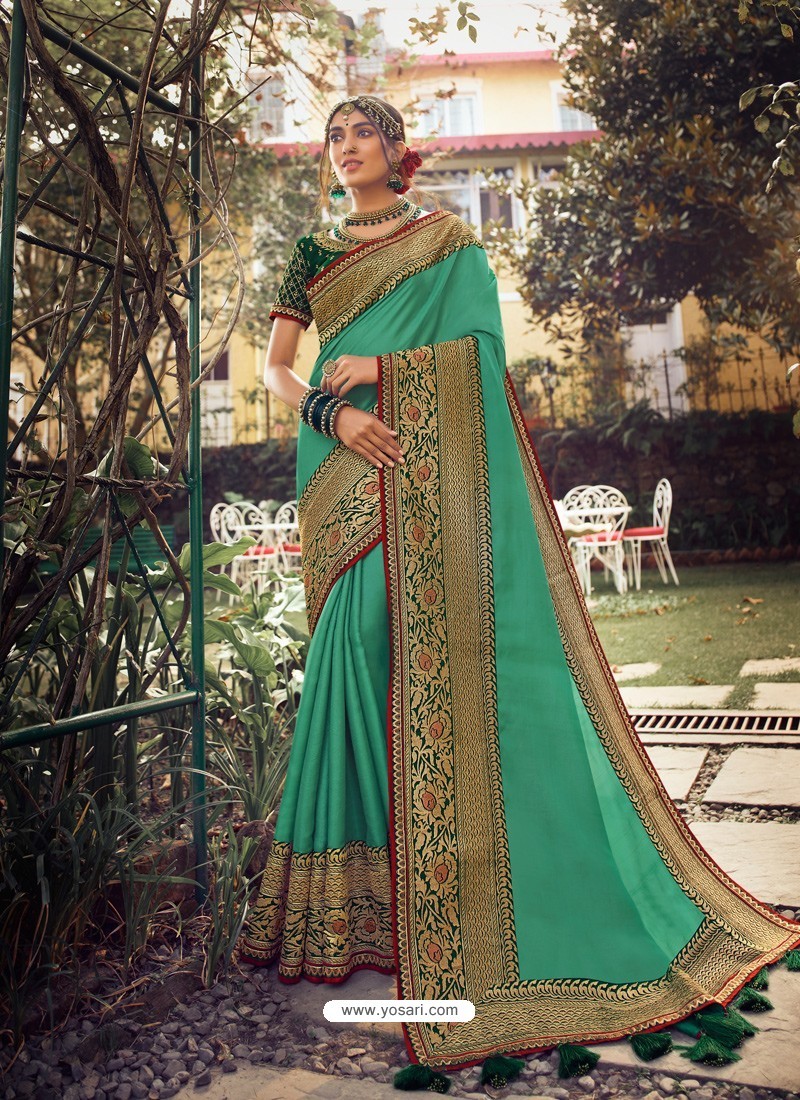 Aqua Mint Stylish Party Wear Embroidered Designer Wedding Sari
