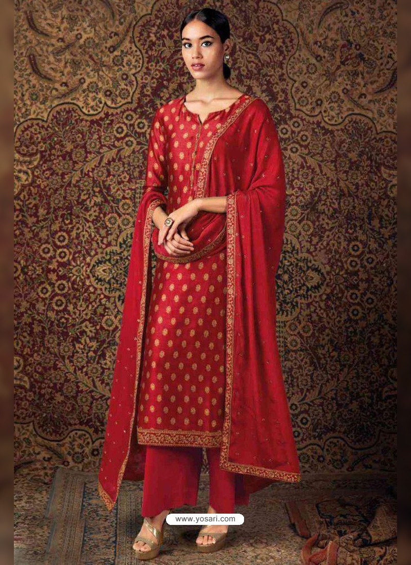 Red Designer Pure Jam Silk Palazzo Salwar Suit