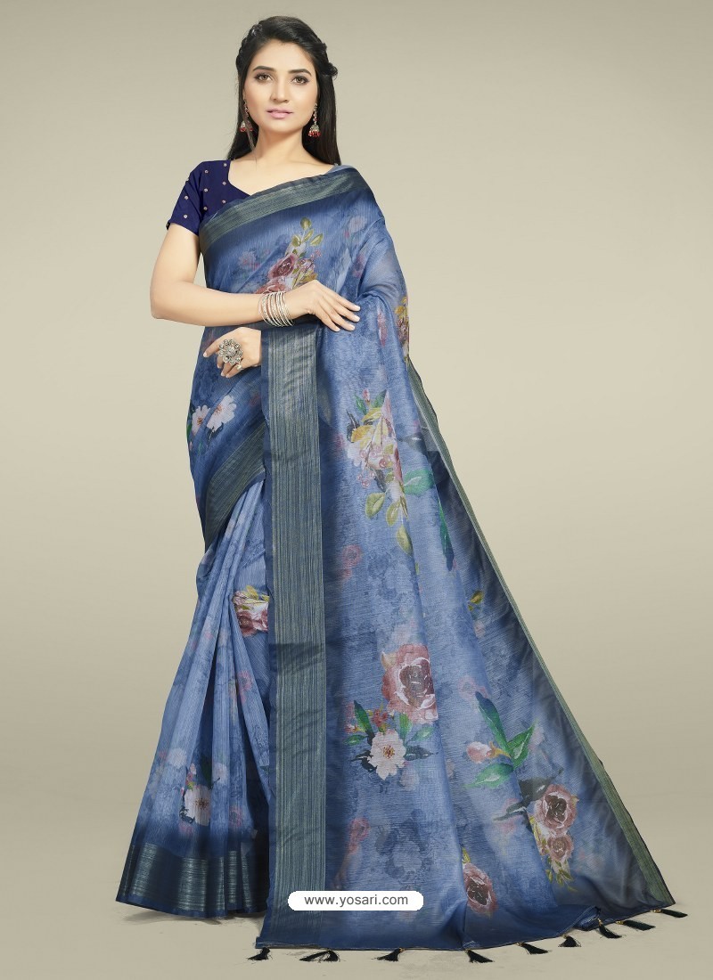 Blue Fabulous Designer Casual Wear Linen Sari