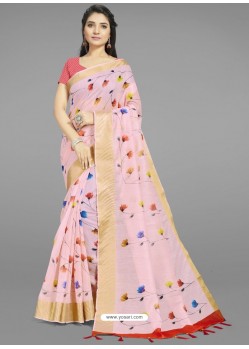Baby Pink Fabulous Designer Casual Wear Linen Sari