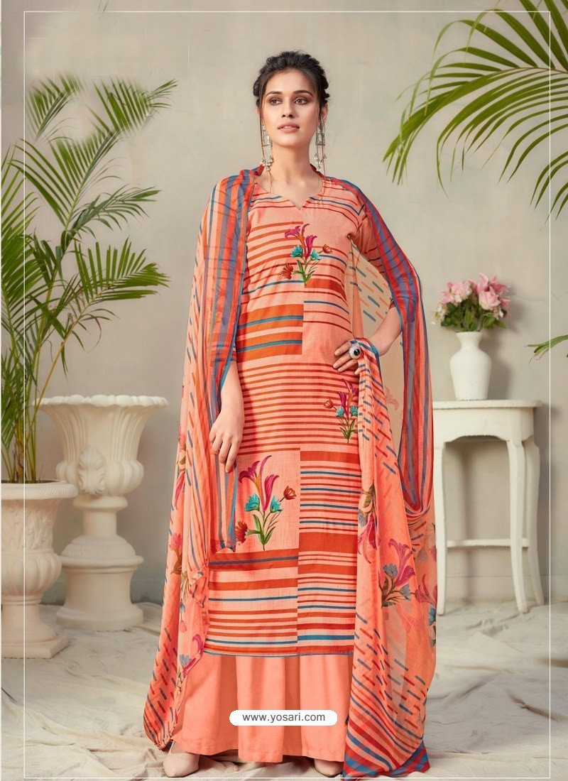 Light Orange Designer Pure Cambric Party Wear Palazzo Salwar Suit