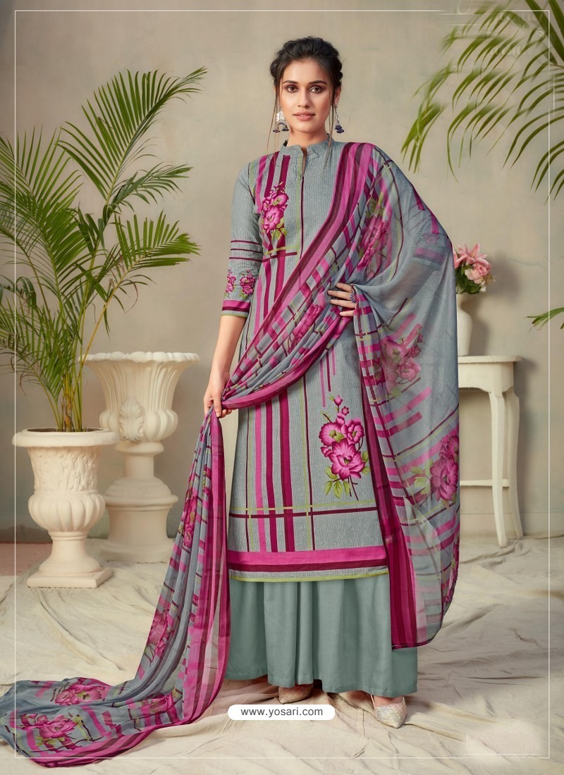 Grey Designer Pure Cambric Party Wear Palazzo Salwar Suit