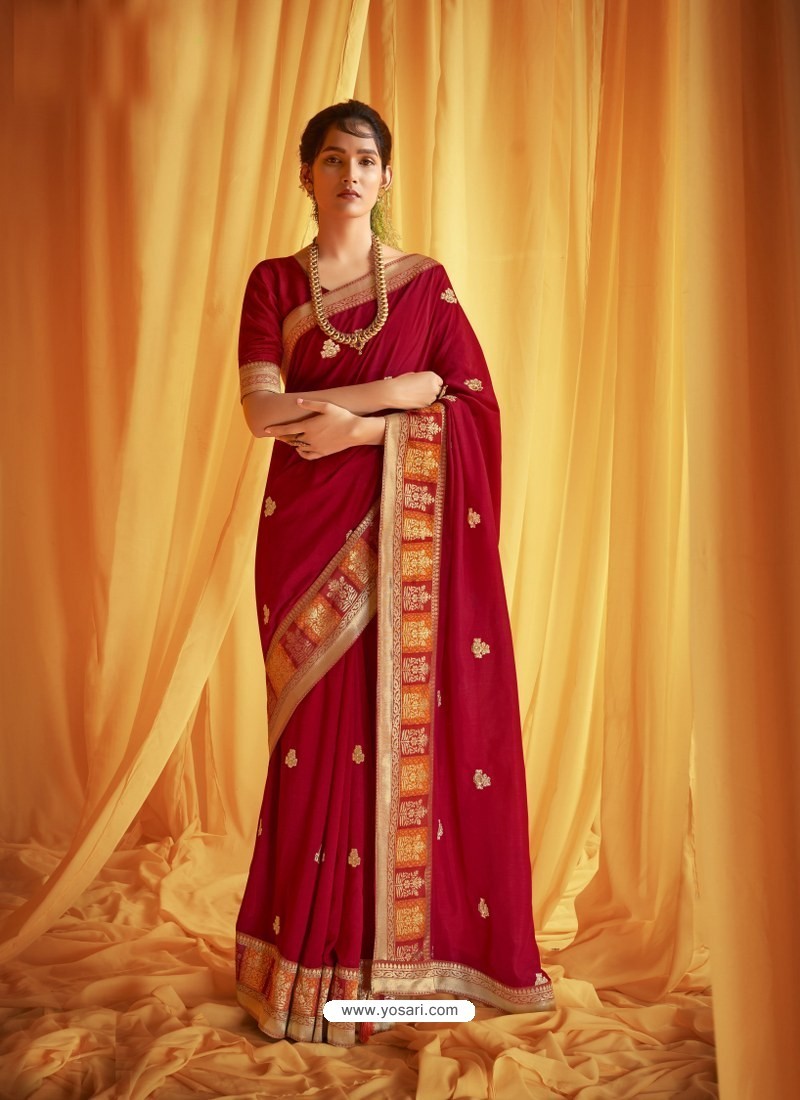 Red Stylist Party Wear Designer Vichitra Silk Sari