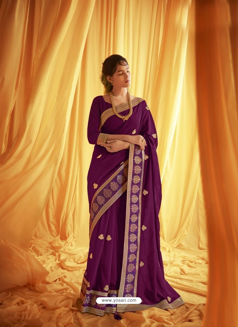 Purple Stylist Party Wear Designer Vichitra Silk Sari