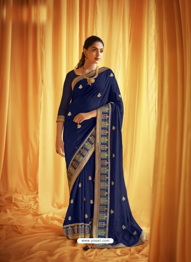 Dark Blue Stylist Party Wear Designer Vichitra Silk Sari