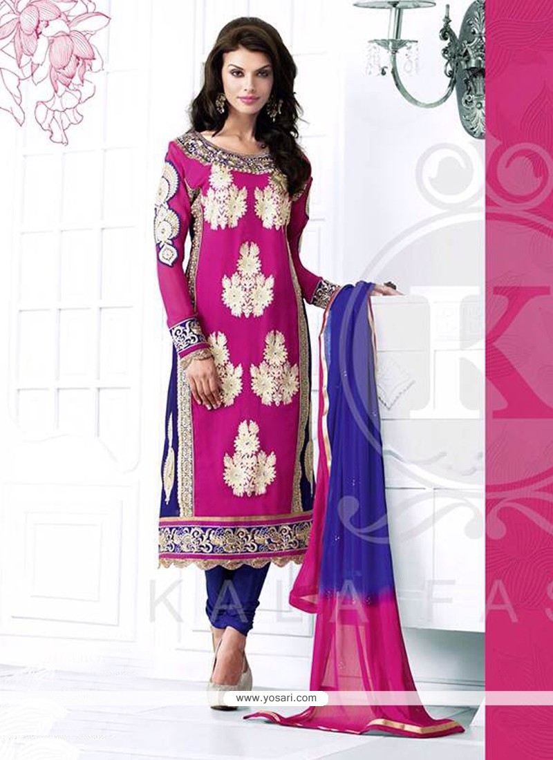 Magnificent Pink And Blue Georgette Churidar Salwar Kameez