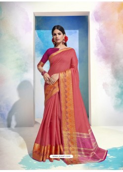 Light Red Latest Designer Party Wear Soft Cotton Sari