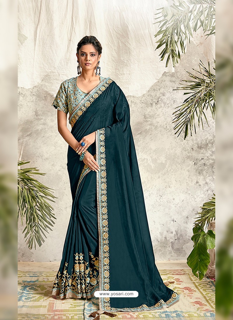 Peacock Blue Latest Designer Party Wear Wedding Sari