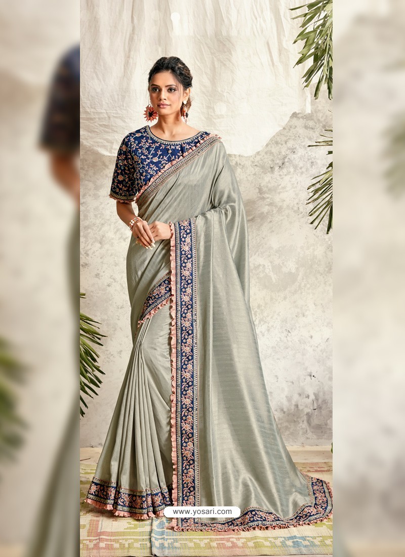 Silver Latest Designer Party Wear Wedding Sari