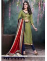 Dainty Green Lace Work Bhagalpuri Silk Churidar Salwar Kameez