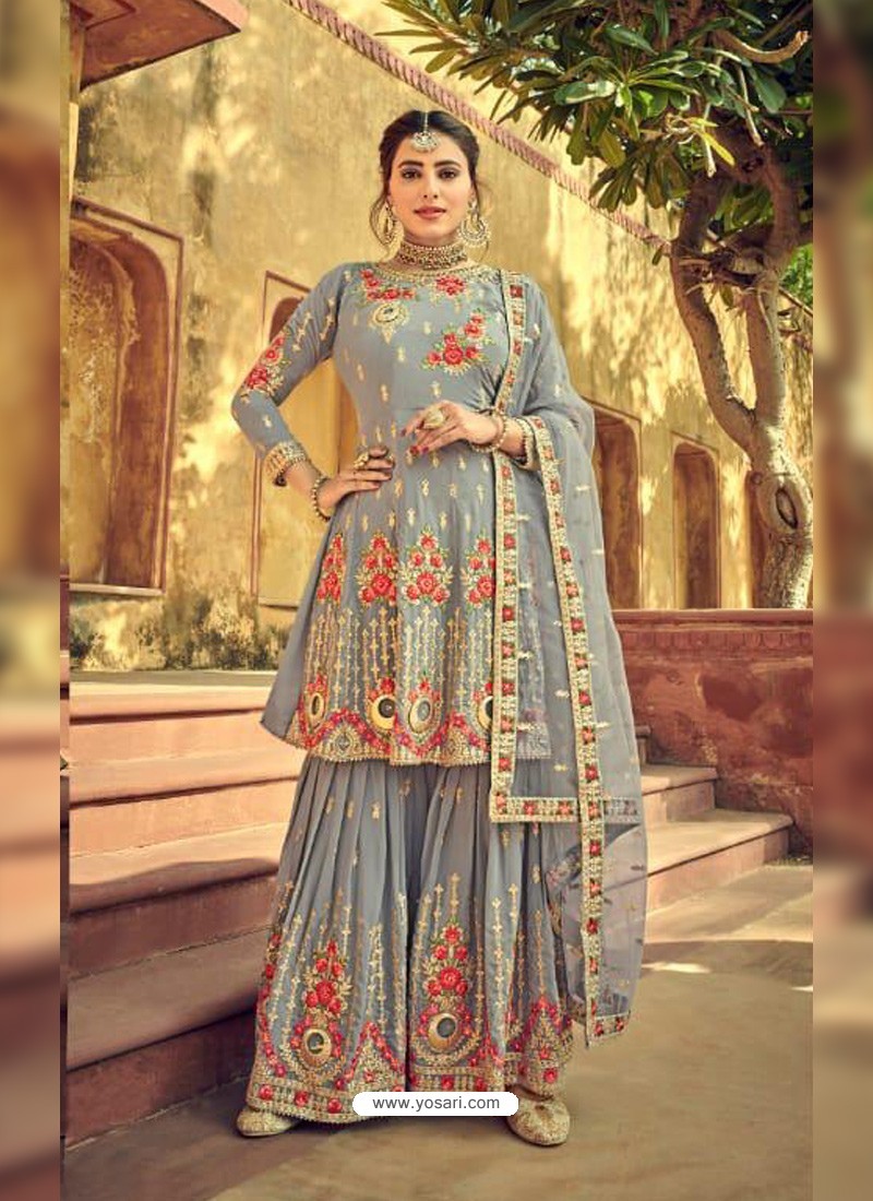 Grey Latest Heavy Designer Wedding Sharara Salwar Suit