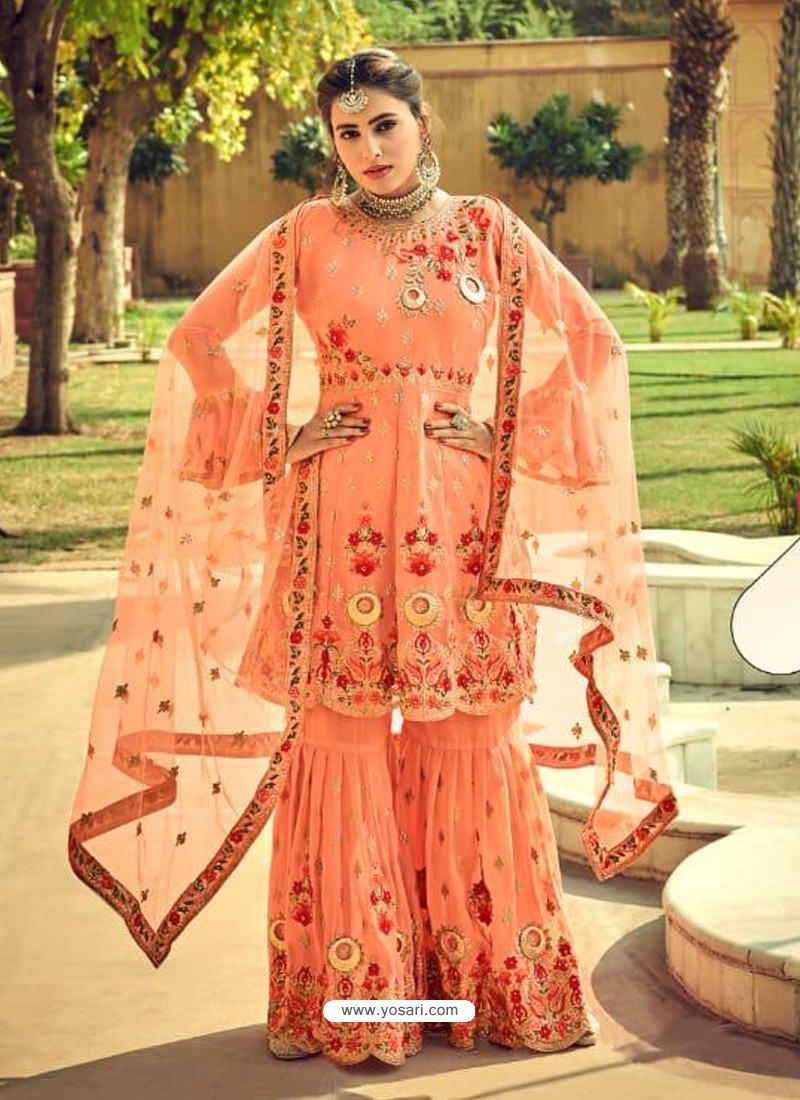Light Orange Latest Heavy Designer Wedding Sharara Salwar Suit