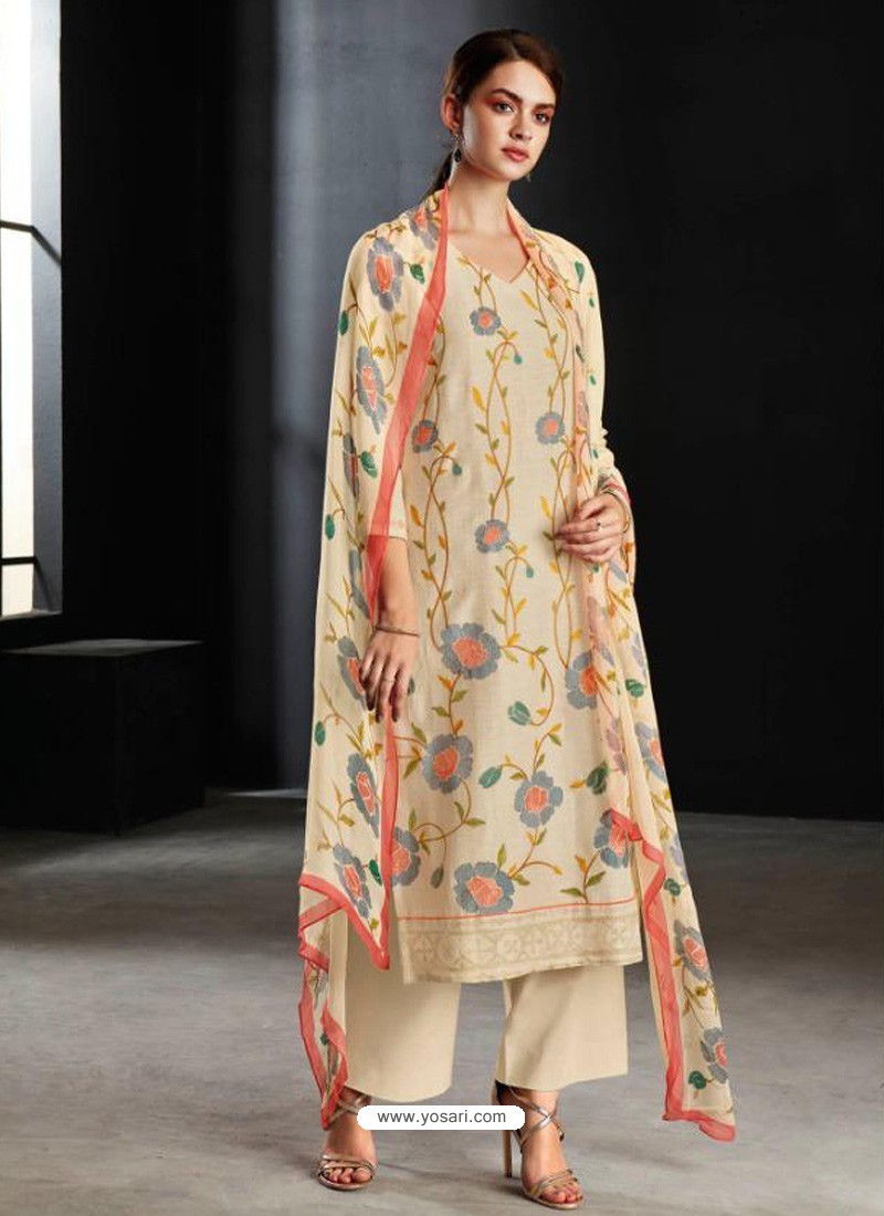 Light Beige Party Wear Designer Cotton Linen Straight Salwar Suit