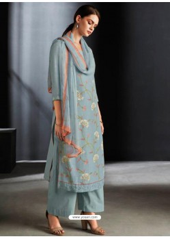 Aqua Grey Party Wear Designer Cotton Linen Straight Salwar Suit