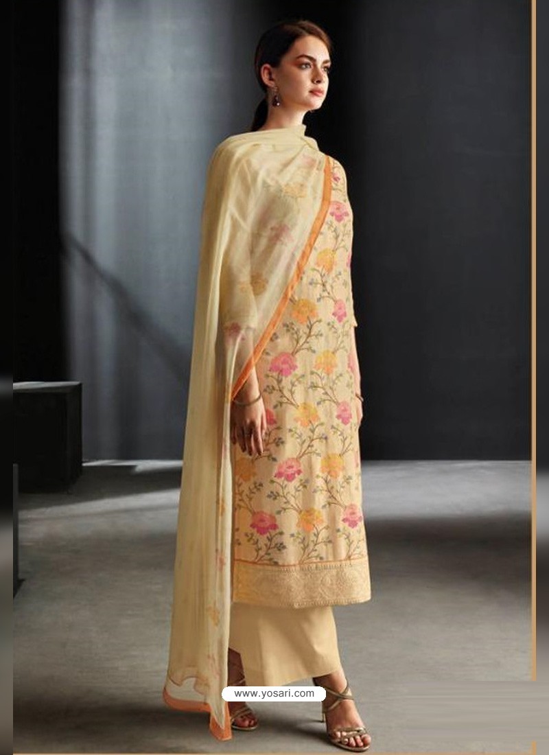 Cream Party Wear Designer Cotton Linen Straight Salwar Suit