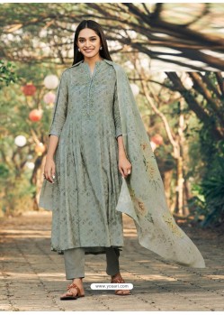 Grayish Green Party Wear Designer Maslin Silk Cotton Straight Salwar Suit