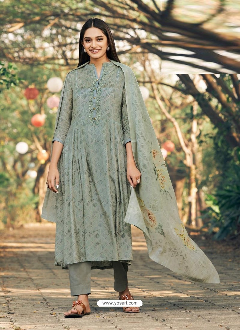 Grayish Green Party Wear Designer Maslin Silk Cotton Straight Salwar Suit