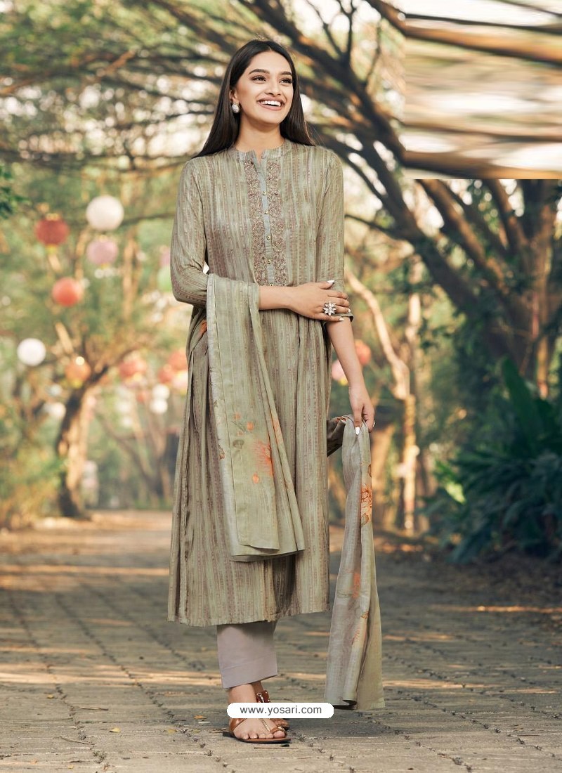 Taupe Party Wear Designer Maslin Silk Cotton Straight Salwar Suit
