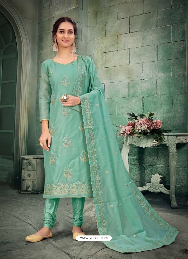 Aqua Mint Party Wear Designer Chanderi Straight Salwar Suit
