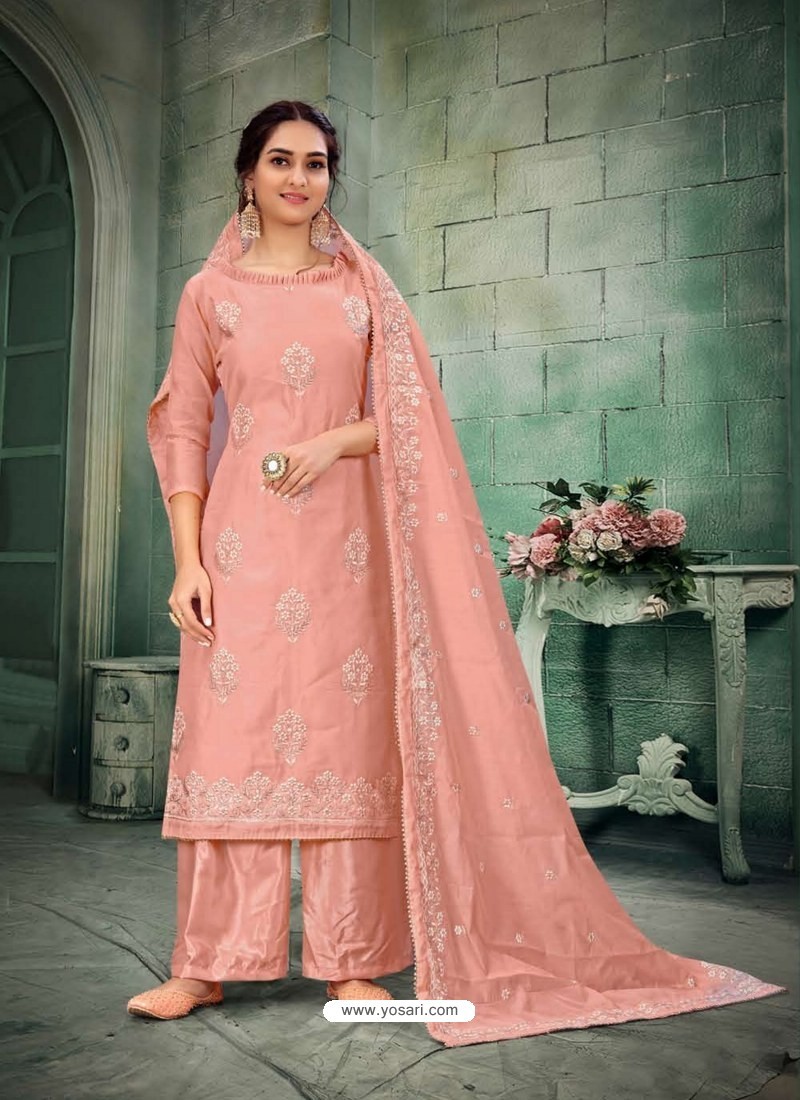 Pink Party Wear Designer Chanderi Straight Salwar Suit