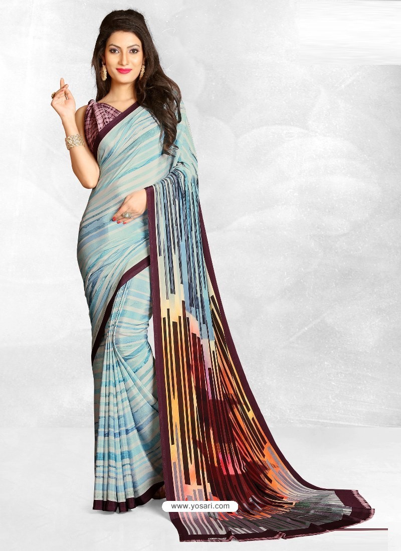 Sky Blue Latest Designer Casual Wear Crepe Sari