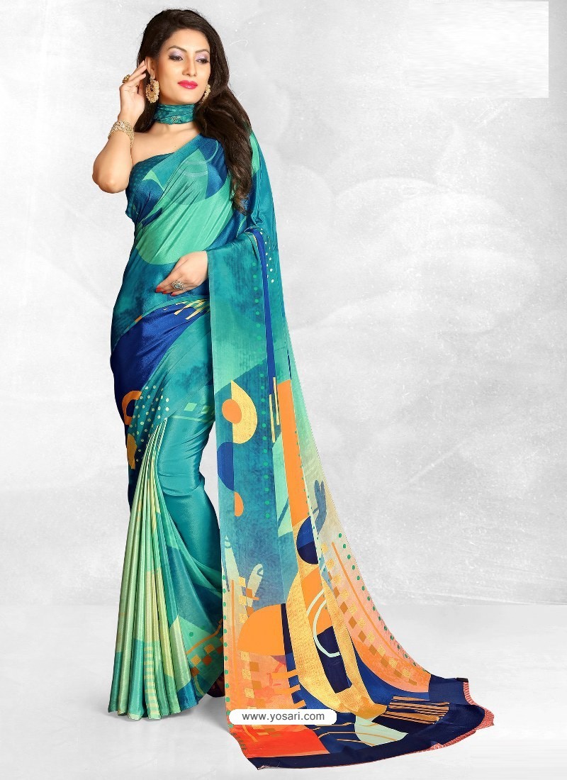Blue Latest Designer Casual Wear Crepe Sari