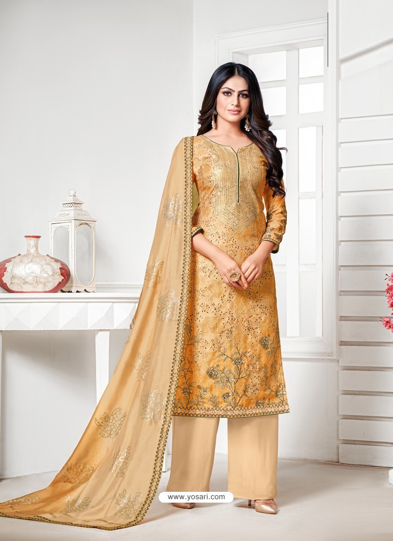 Yellow Designer Pure Cotton Silk Party Wear Palazzo Suit