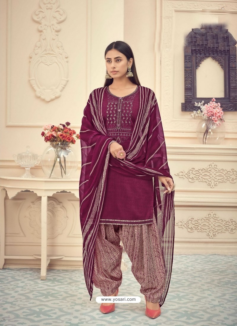 Deep Wine Heavy Designer Pure Jam Cotton Punjabi Patiala Suit