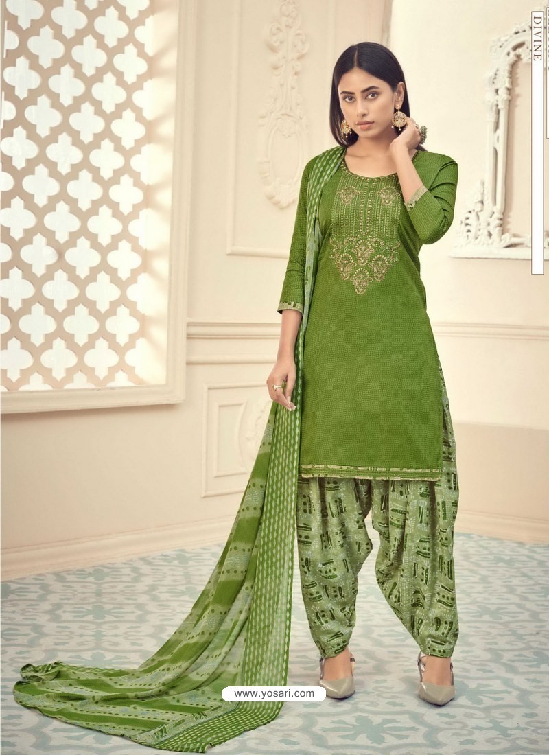 Green Heavy Designer Pure Jam Cotton Punjabi Patiala Suit