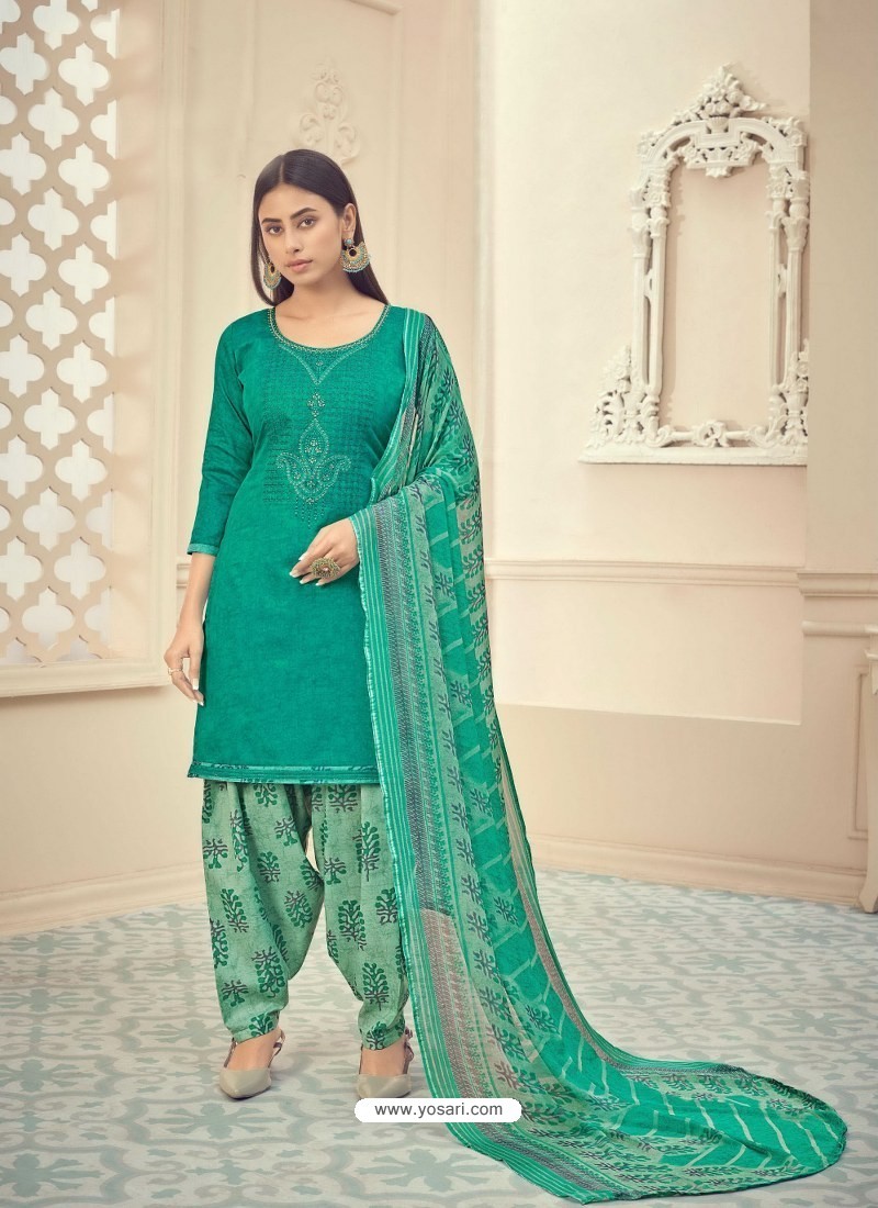 Jade Green Heavy Designer Pure Jam Cotton Punjabi Patiala Suit